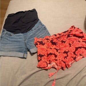 Maternity Denim Shorts & Coral Floral Drawstring Shorts